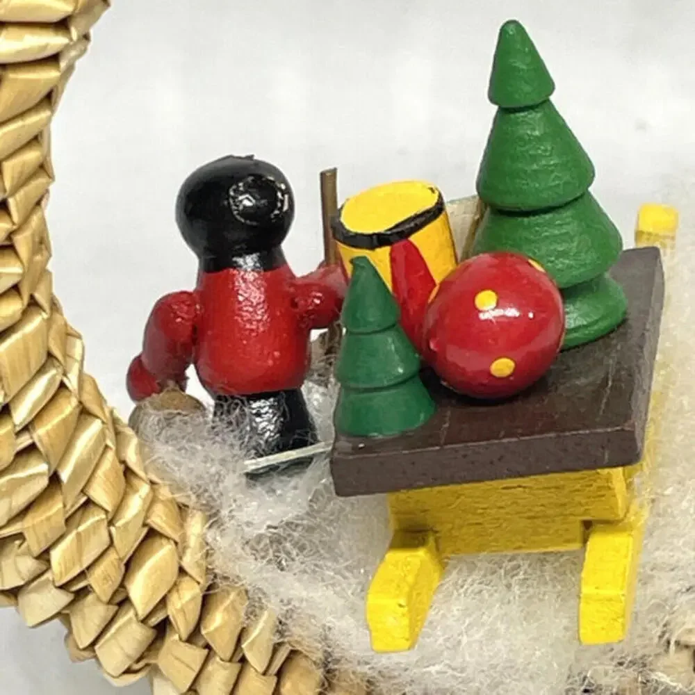 Wooden‎ Skier and Sled in Wicker Wreath Christmas Ornament Vintage